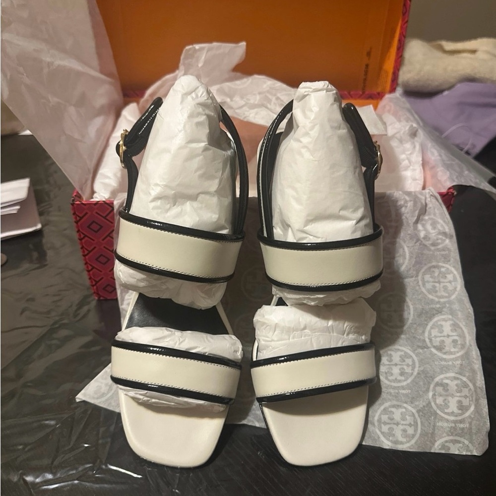 Tory Burch White and Black Strappy Sandal heels
